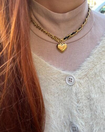 Stainless Steel Necklace  HEART & VEGAN LEATHER
