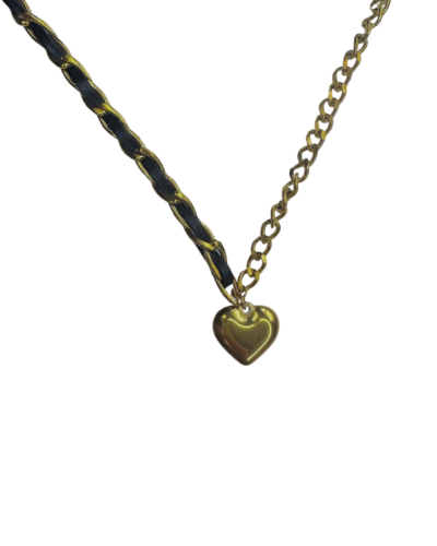 Stainless Steel Necklace  HEART & VEGAN LEATHER